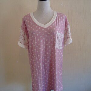 NWT- Aimee by Firmiana Pink White V-Neck Short Sleeve T-Shirt Top- Size L